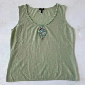 ESCADA Y2K SOFT LIME GREEN BEJEWELLED CASHMERE CREW NECK SLEEVELESS TANK TOP VTG